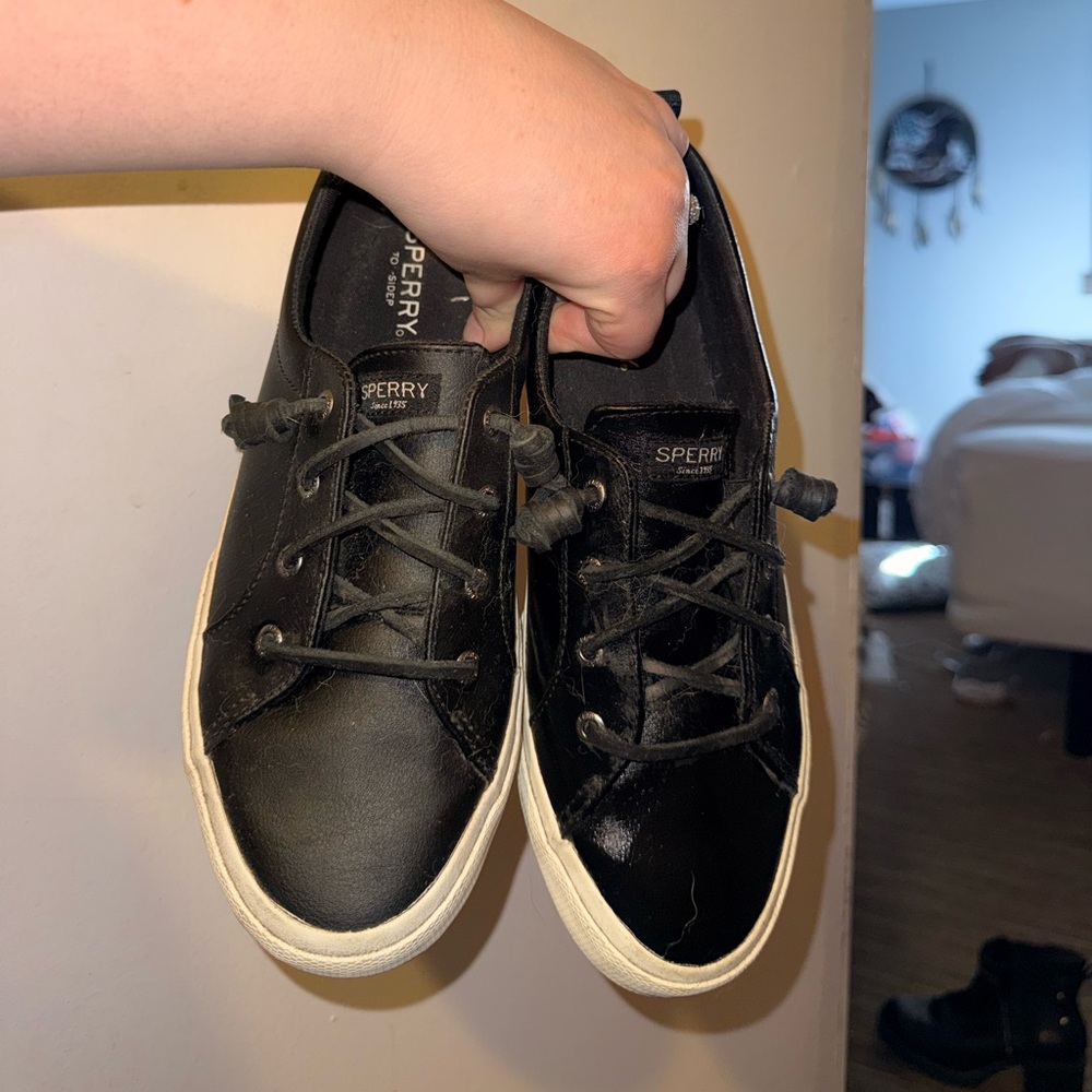Sperry Women’s Black Leather Boat Sneakers with White Soles